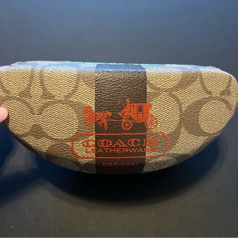 Coach sunglasses case, textured leather, classic monogram, brown